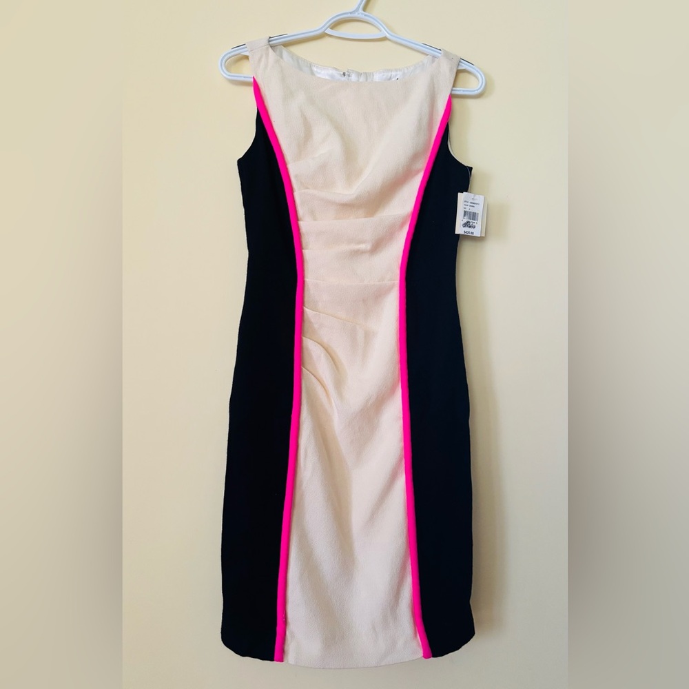 Vintage NWT Elegant Black and Cream Dress with Pink Accents 100% Wool
